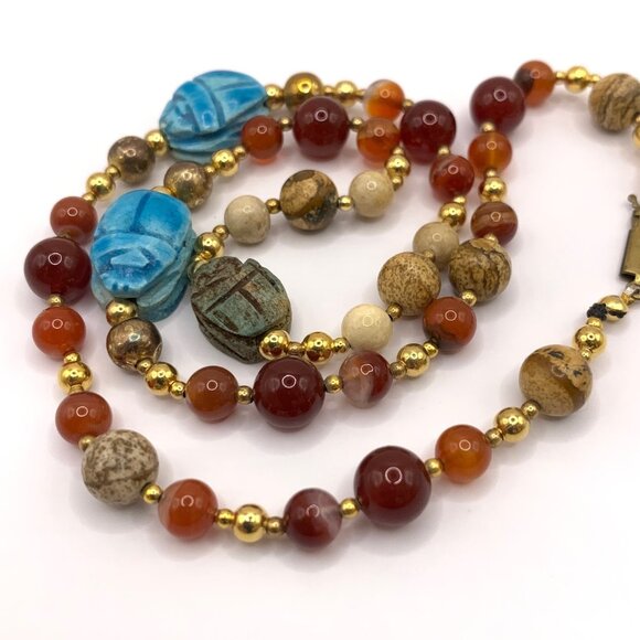 Carnelian Jasper Aqua Scarab Vintage Handmade Beaded Necklace J699 - Picture 1 of 11